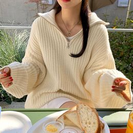 Damestruien Chique Herfst Winter Vintage Pullover Sweater Revers Halve Rits Losvallend Casual Effen Lange mouw Knitwear Gentle Female