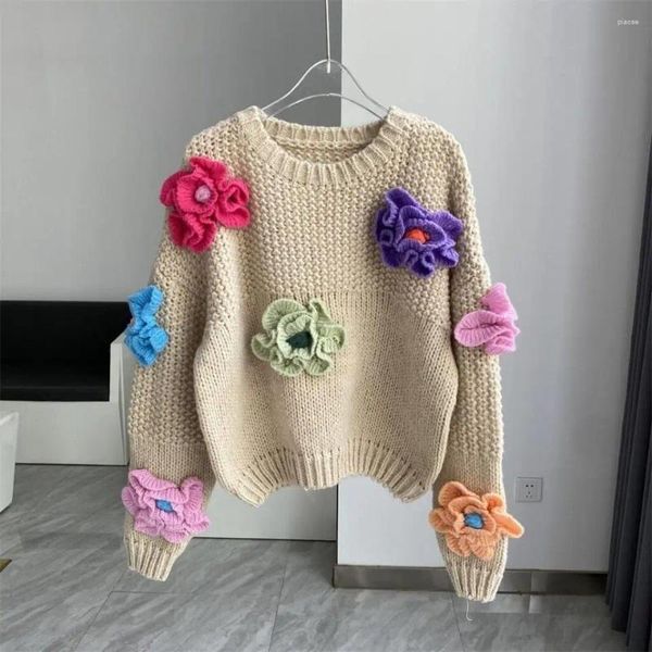 Pulls pour femmes Chic Femme Floral Crochet Pull À La Main Crochet Fleurs 3D Pull Lâche Chemises Tricotées Crop Tops Jumper Sueter