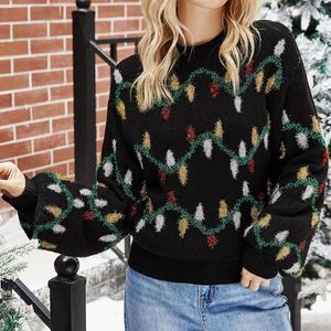Suéteres de mujer Navidad 2023 moda suelta de punto Tops cuello redondo manga larga jerséis Casual Patchwork jerséis al por mayor