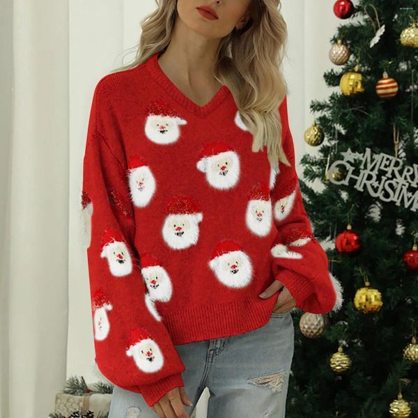 Suéteres de mujer Tops casuales de Navidad para mujer Jersey de manga larga lindo patrón de Papá Noel borroso cuello redondo suelto como sudadera