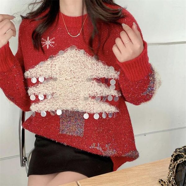 Pulls pour femmes Noël tricoté pour les femmes Automne Hiver Vintage Doux Arbre Renne À Manches Longues O Cou Tricot Pull Top Pulls Décontractés
