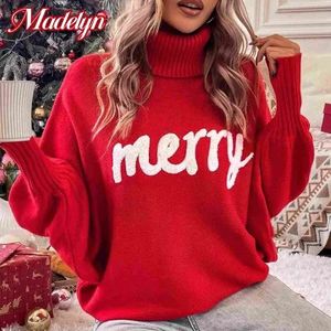 Pulls pour femmes Noël tricoté pull femmes col roulé joyeux lettre broderie chauve-souris manches pull femme décontracté année rouge pull pull 231127