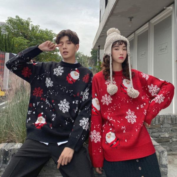 Suéteres de mujer suéter de gran tamaño de Navidad para mujer pareja copo de nieve Santa Claus invierno cálido tejido manga larga rojo negro