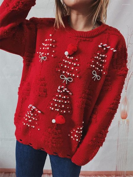 Suéteres de mujer Navidad suéter de punto rojo 2023 manga larga perla decoración 3D jersey moda streetwear festival dama top