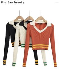 Pulls pour femmes Chu Sau Beauty 2023 Femmes Automne Mode Doux Rayé Élastique Tricoté Pull Sexy Slim Pull Court Chic Y2K Jumpers