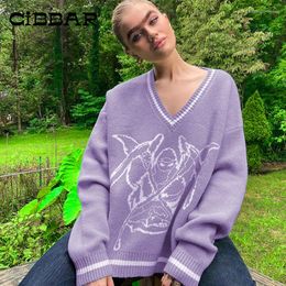 Damenpullover CIBBAR Stilvoller Preppy-Stil Baggy Lässige Kontrastfarbe Cartoon-Druck Strickoberteile Streetwear V-Ausschnitt Pullover Herbst