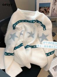 Damestruien Circyy truien voor vrouwen los dikke oneck witte patchwork -pullovers eenvoudige gebreide warme Korean Chic Clade met lange mouwen 220827