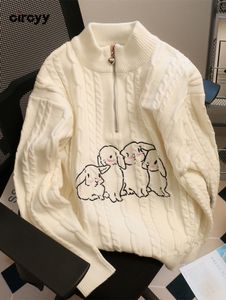 Dames s sweaters circyy dames trui beige schattig borduurwerk konijn lange mouwpullovers Koreaanse chic gebreide jumpers rits half hoge kraag 221206