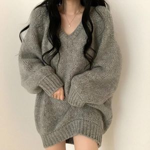 Pulls pour femmes vêtements gris Vintage pull à tricoter col en V à manches longues simplicité décontracté mode coréenne hauts amples dames Au