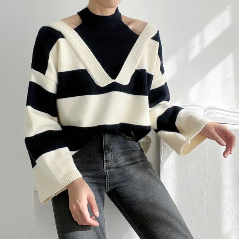 Women's Sweaters Clothland Women Fashion Fake Two Piece Knitting Sweater Halter Long Sleeve Pullover Striped Tops Mujer HA490