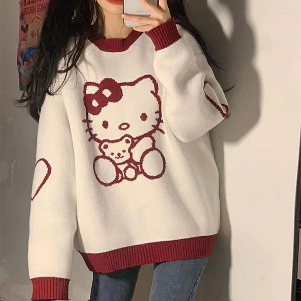 Pulls pour femmes College Sweet Sweater Girl Pull Dessin animé Jacquard Col rond Lâche Automne Hiver Japonais Streetwear Harajuku Mode