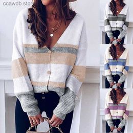 Suéteres femininos colorblock malha 2023 outono/inverno novo decote em v botão listra emendado camisola cardigan t231109
