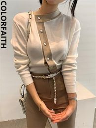 Sweaters de mujeres Colorfaith SW7697Q Sweaters de mujeres Otoño Invierno Fashionable Elegant Lady Pearl Buttons Short Cardigans Vintage 230316