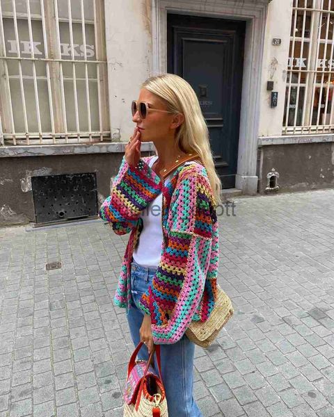 Suéteres de mujer Punto de punto colorido Hollow Out Cardigan de gran tamaño Mujeres Frente abierto Manga larga Flare Cuff Suéter 2023 Otoño Chic High Street J230921