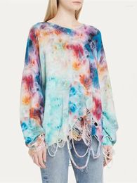 Suéteres de mujer colorido tipe-dye faux viejo suéter de rasgaduras estampado personalizado silueta grande silueta manga larga tejido 2023 invierno