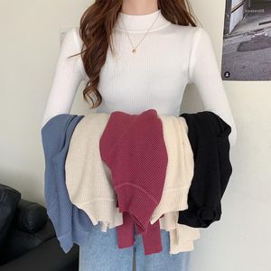 Suéteres de mujer -Próximamente Otoño Invierno Tops Suéteres de cuello alto Primer Camisa de manga larga Suéter ajustado ajustado coreano corto