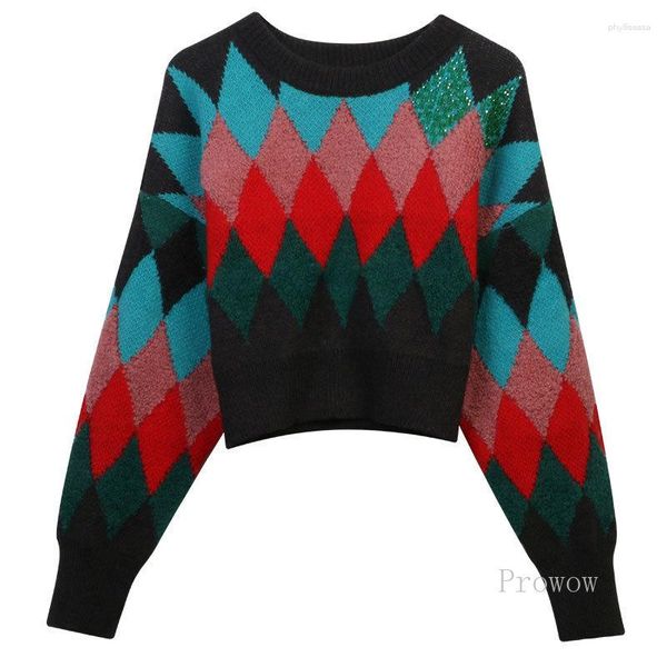 Suéteres de mujer Contraste Color Argyle Suéter Recortado Tops 2023 Otoño Invierno Jersey grueso Mujeres O Cuello Jersey de punto Moda coreana