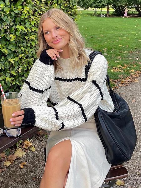 Pulls pour femmes Contraste Tricot Crochet O-Cou Lanterne Manches Pull Femmes Oversize Lâche Pull Basique 2023 Automne Hiver Chic Casual