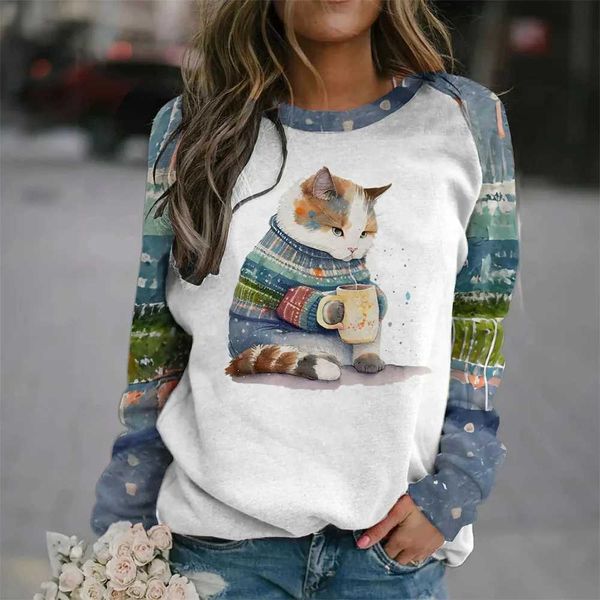 Pulls pour femmes Coton pour l'automne Pull à col rond Femmes Funny Kaii Cat Animal Print Sweatshirts Fe Mignon Pull à capuche pour femme TopsL231129