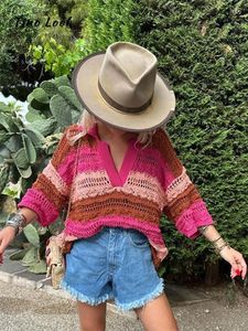 Pulls pour femmes Crochet Tricot Femmes Pull Top Casual Surdimensionné Rayé Revers Vintage Manches Courtes Dames Jumper Femme Mode Pulls