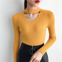 Suéteres de mujer Crochet perla con cuello en V jerseys de punto elásticos elegante suéter de mujer manga larga Slim Pull Femme Forextolux 2023 Sexy