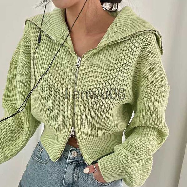 Pulls pour femmes Crop Revers Double Zipper Cardigan Candy Sueters Mujer Pull Pulls Y2k Vêtements Surdimensionnés 2023 Pulls pour Femmes Noir Automne Paresseux J230718