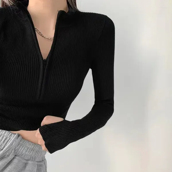 Pulls pour femmes Crop Top Pulls Zipper Front Pulls tricotés Y2K Femmes Printemps Automne Serré Slim Col Haut Pull Vêtements