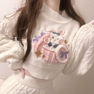 Dames s sweaters schattige 2 -delige set kawaii pullover trui lange mouwen top gebreide vrouwen hoge taille rokpak herfst mode kleding 230208