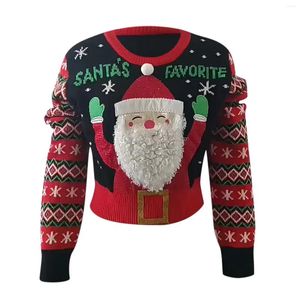 Pulls pour femmes mignon drôle pull de Noël femmes père Noël 3D barbe à manches longues recadrée pull pull noir rouge moche