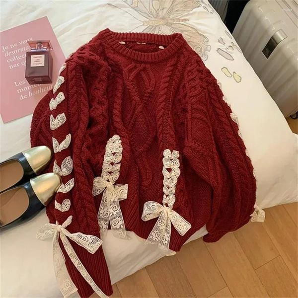 Pulls pour femmes Cute Girl Red Fried Dough Twists Ruban Pull 2023 Automne / Hiver Noël Sweet Bow Knit Top Coréenne Mode Sweat