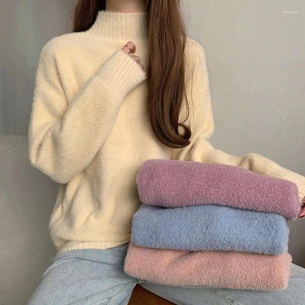 Pulls pour femmes mignon pull col roulé pull rose Kawaii hauts en tricot pour femme col haut vente vêtements de créateur chaud