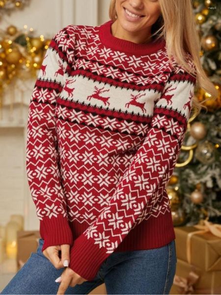 Pulls pour femmes mignon rouge pull de Noël dessin animé imprimé pulls hauts à manches longues col rond pull vacances tricots automne hiver