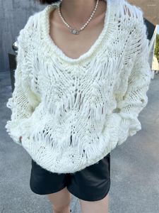 Pulls pour femmes Dalmazzo Automne et hiver Runway Design Pull tricoté Femmes V Col Pulls Crochet Aiguille Trou Tops en vrac