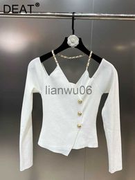 Suéteres de mujer DEAT Cadena de moda Correa para el cuello Suéter de punto delgado Suéter de manga larga con cuello en V de un solo pecho para mujer 2022 Otoño 11P0394 J230718