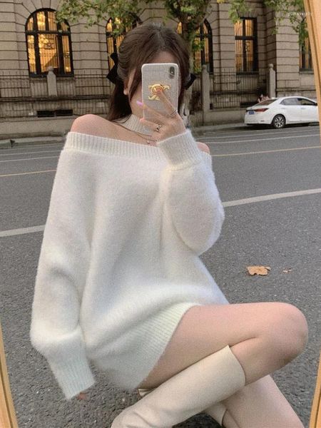 Suéteres de mujer Deeptown elegante blanco fuera del hombro suéter mujeres moda coreana de gran tamaño puente de punto sexy cruz halter tops viejo dinero