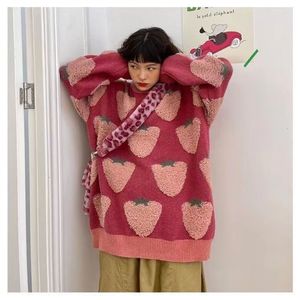 Pulls pour femmes Deeptown japonais Kawaii rose pull femmes Harajuku mode pull tricoté Style coréen tricots fraise surdimensionné pull 230807
