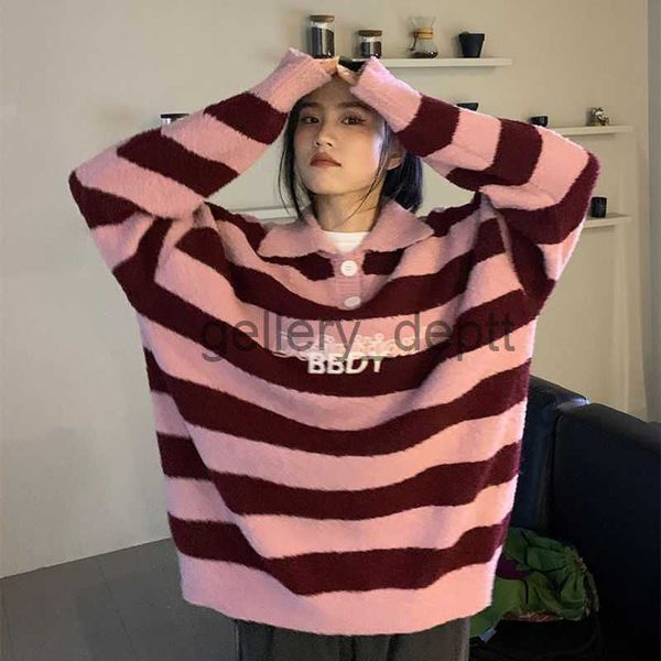 Suéteres para mujer Deeptown Preppy Style Rayas Pink Jerseys Mujeres Harajuku Vintage Suéter de gran tamaño Punto Top Coreano Streetwear Carta Jersey J230921