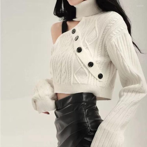 Suéteres para mujer Deeptown Y2k Harajuku Turtleneck Recortado Suéter blanco Mujeres Moda coreana Fuera del hombro Jersey de punto KPOP Botón arriba