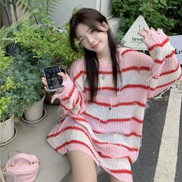 Pulls pour femmes Deeptown Y2k rose rayé pull déchiré femmes Vintage tricoté maille pull évider tricots surdimensionné mode coréenne
