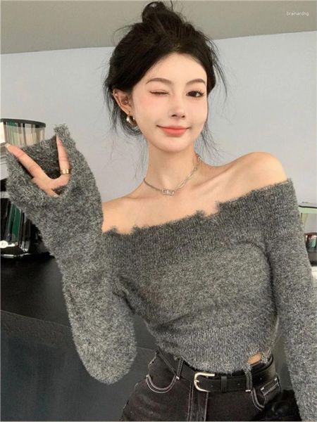 Pulls pour femmes Deeptown Y2K Vintage Gris Pull recadré Femmes Harajuku Grunge Hors Épaule Tricoté Jumper Coréen Sexy Slim Pull Tops