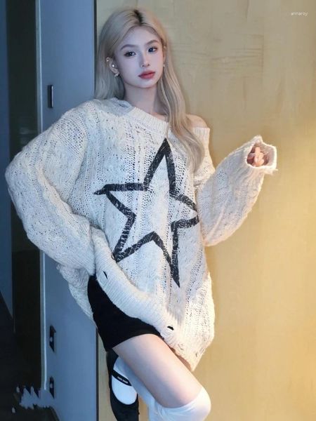 Pulls pour femmes Deeptown Y2K Vintage Star Pull Femmes Harajuku Kpop Creux Out Tricoté Jumper Grunge Surdimensionné Tricots Tops Fairycore