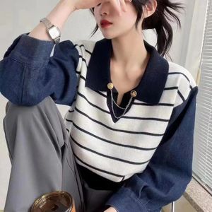 Dames truien denim patchwork kleding mode gebreide gestreepte pullovers trekken femme los casual Koreaanse trui ropa mujer