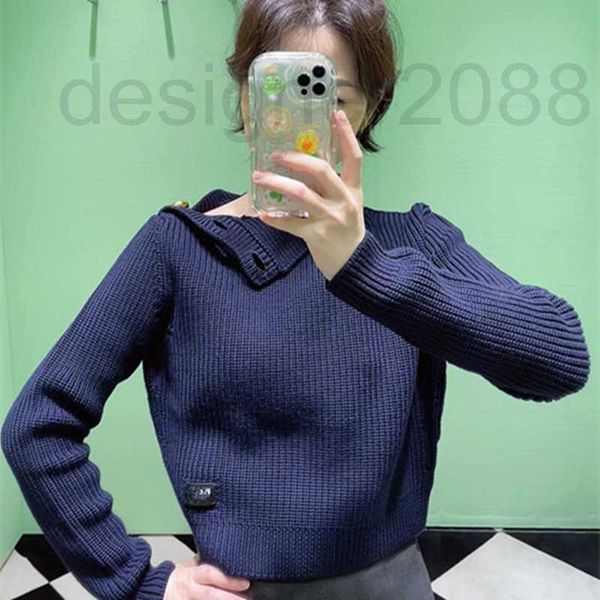 Suéteres para mujer Diseñador 2023 Nueva etiqueta de cuero Patrón de letras Medio cuello alto Moda Botón de hombro Punto de manga larga Suéter suelto 9PE9