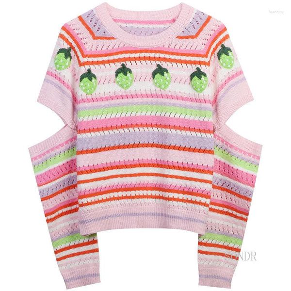 Suéteres para mujer Suéter de manga desmontable Mujeres Rayas Rosa Jersey 2023 Cuello redondo Dulce 3D Fresa Bordado Slim Knit Tops