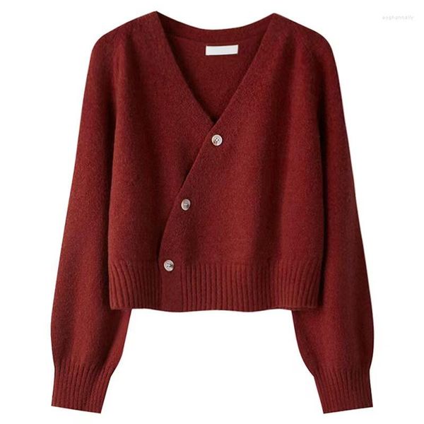 Pulls femme boucle diagonale 2023 automne/printemps petit pull tricot Cardigan veste courte bordeaux Design sens