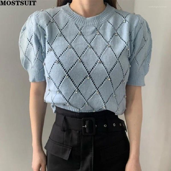 Suéteres para mujer Diamantes Argyle Hollow Knit Camiseta Tops Mujeres Suéter Jersey Tees 2023 Verano Coreano Elegante Slim Ladies Prendas de punto Jumpers