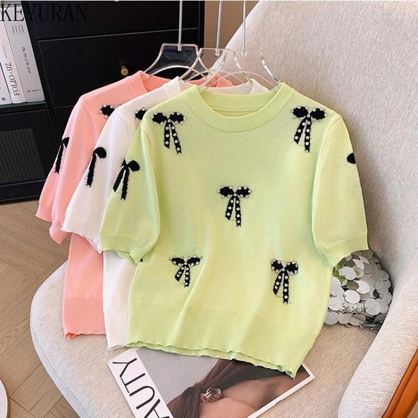 Sweaters de mujer Diamantes Beading Bowtie Seda de seda Camiseta 2024 Summer Vintage Fashion Bubble Corta de tejido de manga corta Camas