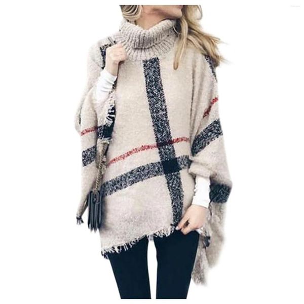 Pulls pour femmes robe Ponchos Boho ample gland Plaid Poncho col roulé pull en tricot surdimensionné pull pull hauts pour les femmes