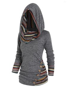 Chandails pour femmes Dressfo hiver Tribal géométrique rayure tricot panneau à capuche haut en tricot à manches longues faux bouton tricoté pour les femmes 2023