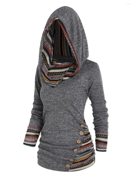 Suéteres para mujer Dressfo Invierno Tribal Geométrico Raya Prendas de punto Panel con capucha Top de punto Manga larga Botón simulado de punto para mujeres 2023